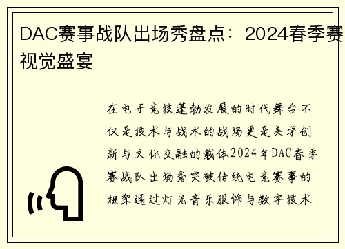 DAC赛事战队出场秀盘点：2024春季赛视觉盛宴
