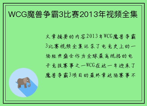 WCG魔兽争霸3比赛2013年视频全集